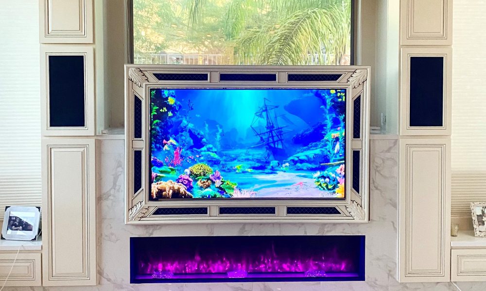 Reverse Samsung Frame TV mount over fireplace AV installation. Bigfoot Concepts