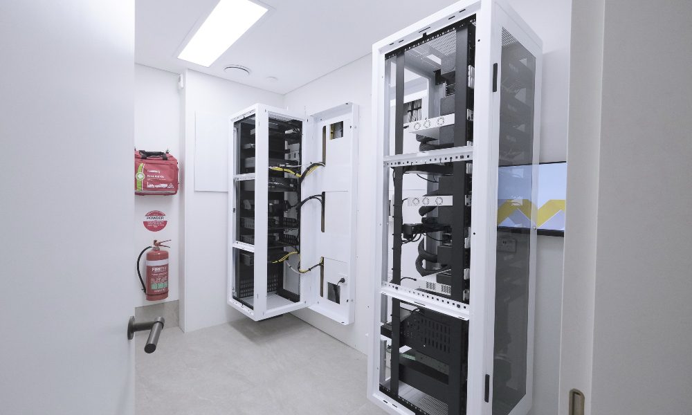 Interior, AV rack, equipment room, lighting rack, bridge view, Denote, Axis Communications, Sydney, Australia
