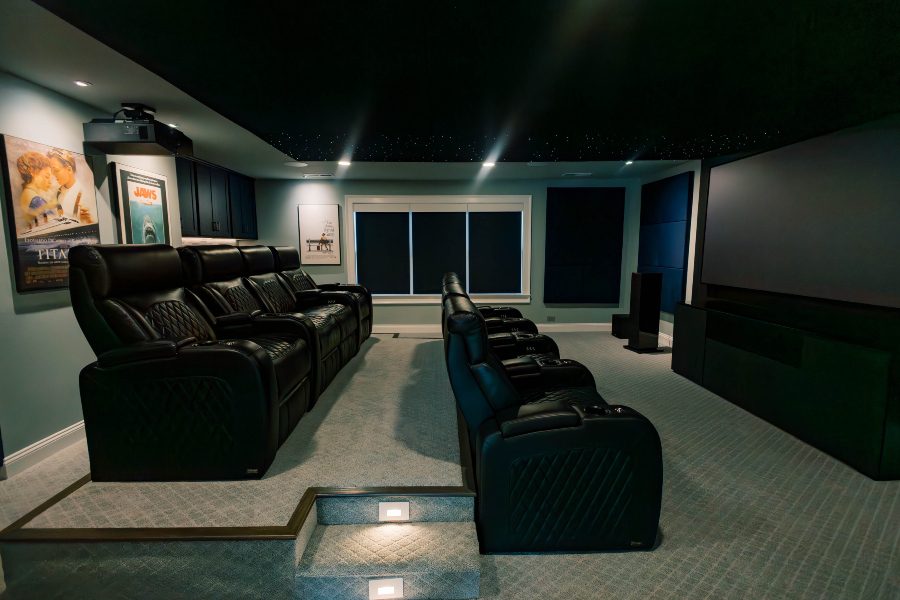 Two tiered seating in home theater beneath starry night ceiling