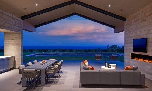 Interior patio shot Zero Carbon smart home. Malibu, California. DSI Luxury Technology