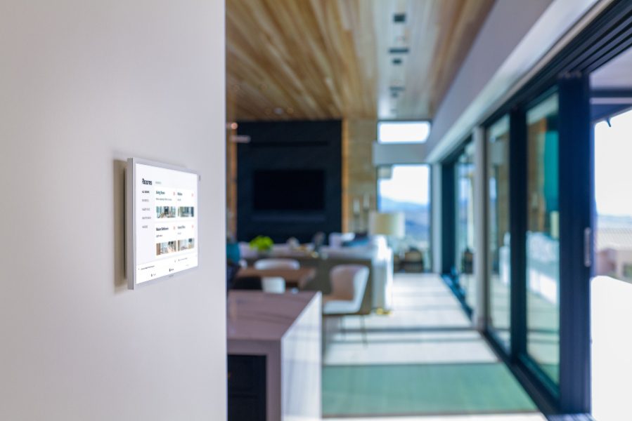 Interior shot, Crestron control pad, all glass walls, ICONIC Net Zero Smart Home Monarch AV