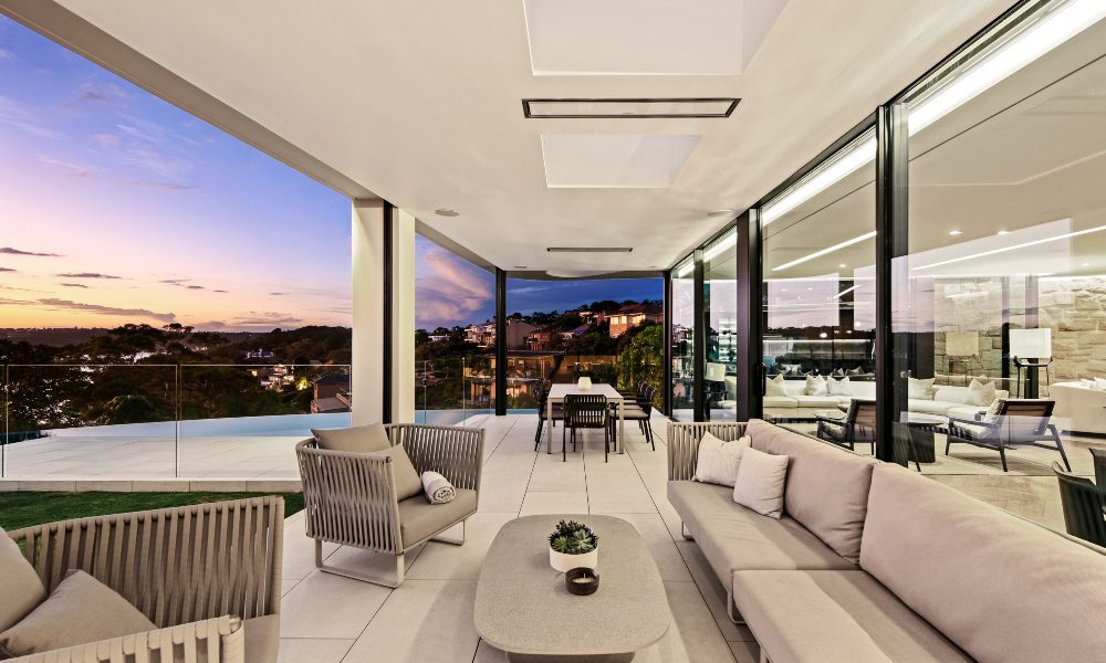 Open air terrace, tile flooring, luxury hillside mansion, Sydney Australia